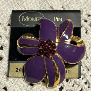 Vintage Monet Gold Metal and Purple Cloisonné Floral Brooch